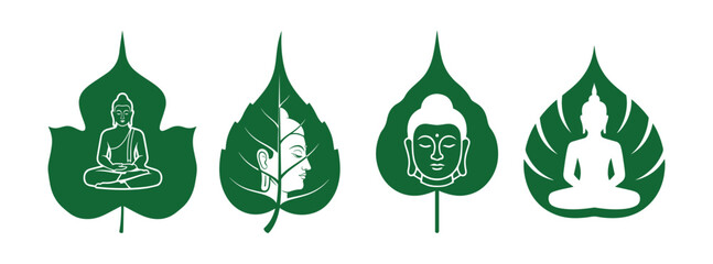 Buddha Silhouettes in Meditation Poses Integrated into Green Bodhi Tree Leaf Designs