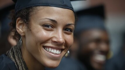 A joyful graduate smiles broadly, celebrating the culmination of academic achievements alongside fellow graduates in traditional caps and gowns.