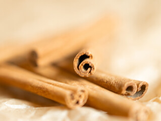 Close up of rolled cinnamon sticks on parchment paper with warm soft lighting, showcasing natural texture and aroma of dried spice used in baking, cooking, and festive seasonal recipes.