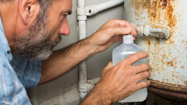 Hands examining the corrosion levels on a magnesium anode rod during routine water heater maintenance indoors.