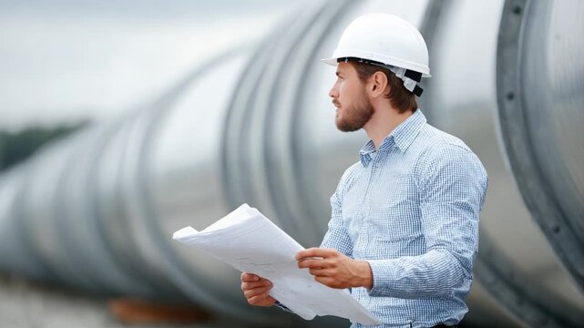 Construction Manager Examining Blueprints on a Job Site with Large Pipes in Background, Showcasing the Importance of Planning and Safety in Engineering Projects