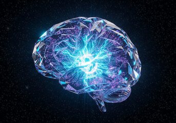 Glowing Digital Brain Made of Crystal Circuits in Dark Futuristic Space
