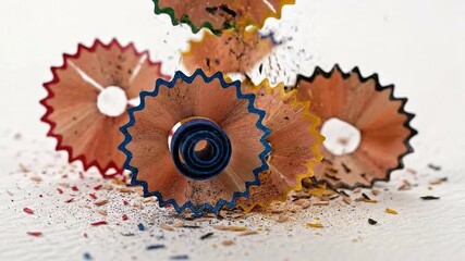 Close up of colorful pencil shavings falling and scattering on a white surface. - Powered by Adobe