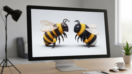 Monitor shows two cartoon bees in bright office setting