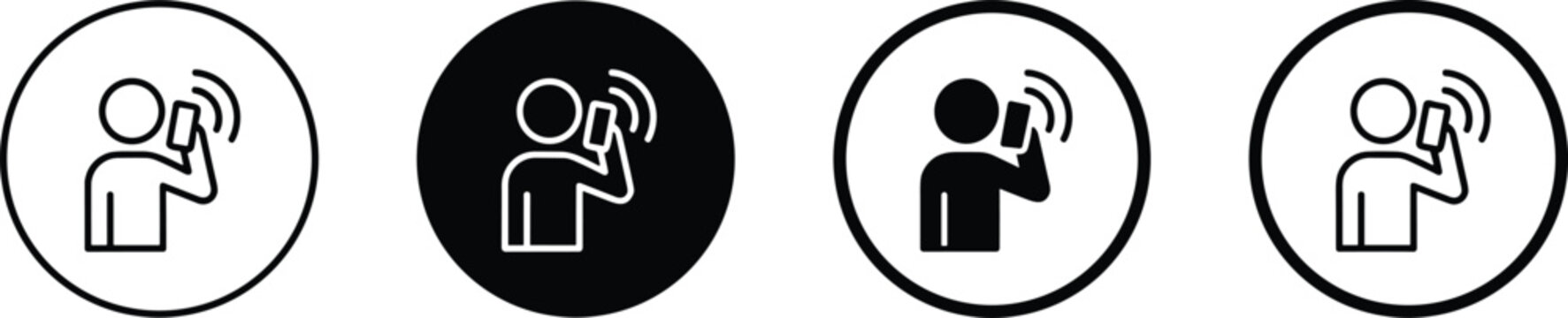 Person talking on mobile phone icon set featuring silhouette and line art styles for communication and smartphone concepts.