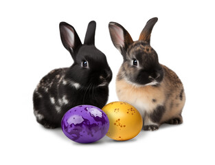 Two Cute Easter Bunnies with Decorated Purple and Yellow Eggs Isolated on Transparent Background