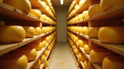 Rows of large yellow gouda cheese wheels aging on wooden shelves in long warehouse aisle, perspective view of dairy storage facility with overhead lights