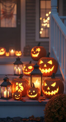 Obraz premium Lit jack-o'-lanterns and lanterns on porch steps create a spooky Halloween scene, symbolizing autumn, festivity, and tradition