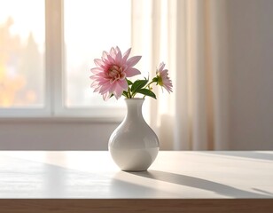 Pink Flowers in White Vase on Table.