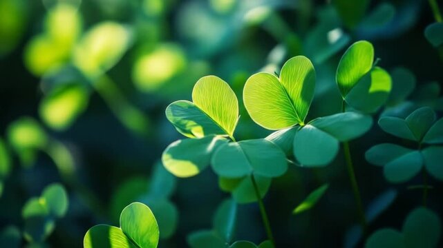 Close up of vibrant green clover leaves with sunlit highlights and bokeh