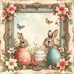 Easter Bunny Illustration with Eggs and Flowers.