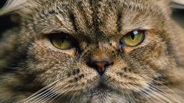Close up of a grumpy fluffy cat face with intense eyes.