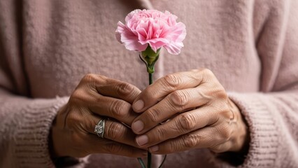 Gentle hands carefully holding a delicate pink carnation flower in focus
