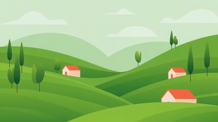 Obraz premium Serene valley landscape illustration featuring green hills, trees, and houses in a peaceful atmosphere
