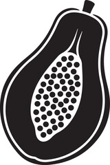 Black and white illustration of a papaya fruit with seeds