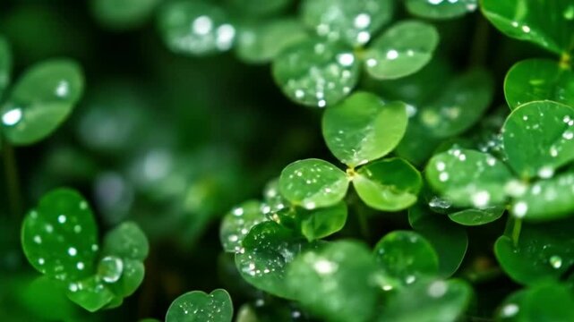 Close up of vibrant green clover leaves with water droplets