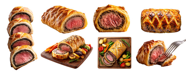 Set of Beef Wellington, classic British dish, seared beef tenderloin puff pastry, with fork, wooden serving board, roasted vegetable, transparent cutout PNG. Many different style. Mockup for design