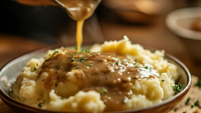Close up of mashed potatoes with gravy food photography concept