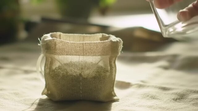 Close-up of a small burlap sack on a table, ready for planting seeds.