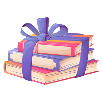 Composition of a stack of books wrapped with a ribbon and bow. Bookstore, book lover, reading literature concept. Vector illustration of colorful present of books	