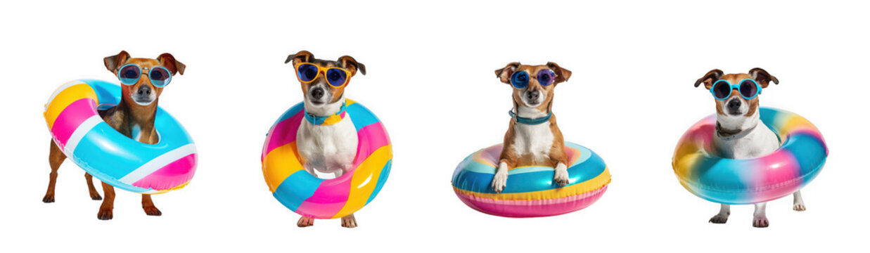 Four adorable jack russell terriers wearing sunglasses and floating on colorful pool rings on transparent background