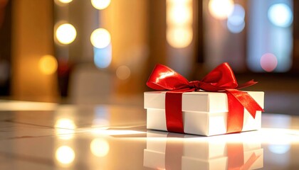 Elegant white gift box with red ribbon on a blurred background adorned with beautiful lights creating a warm and festive atmosphere