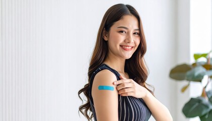 Young woman with long hair smiling and showing a band-aid on her arm while standing in a bright indoor environment with greenery in the background