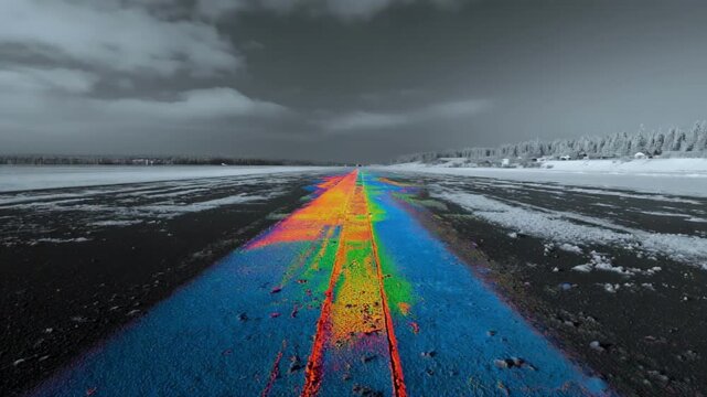 Cold temperature thermal scan reveals icy patches on an airport runway surface highlighting dangerous frost areas during early morning safety assessment.