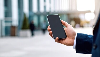 Business Professional Holding Smartphone in Urban Environment with Blurred Background and Modern Architecture, Focus on Mobile Technology and Communication