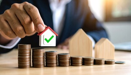 Hand Holding Small House Icon with Checkmark Above Coins Symbolizing Real Estate Investment Growth and Financial Success in Modern Market Environment