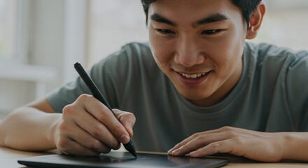 Digital artist using a stylus on a drawing tablet, creating art in a modern and professional way.Concept of digital creativity and technology in art.