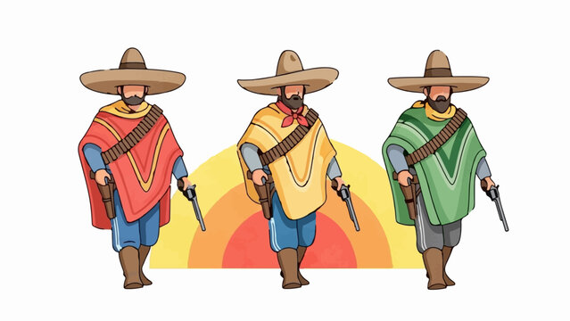 Three men in sombreros and ponchos hold pistols, facing forward