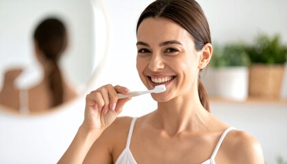 Happy young woman brushing her teeth in a bright bathroom, promoting dental hygiene and self-care routines for a healthy smile and fresh breath