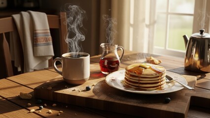 Obraz premium Delicious stack of pancakes with butter and syrup on wooden table