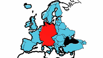 Obraz premium Stylized map of Europe with Germany highlighted in red, other countries in blue, and a black area