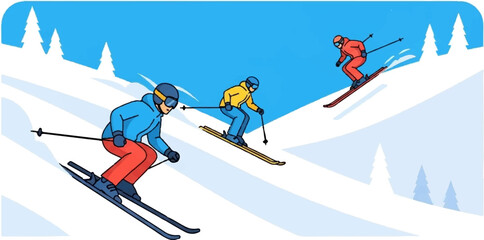 Three skiers race down a snowy mountain slope amidst snow-covered trees under a clear blue sky © Rani