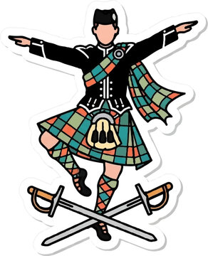 Stylized figure in traditional tartan kilt, sporran, and jacket, dancing with crossed swords
