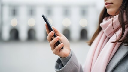 Woman holding a smartphone in front of a blurred architectural building backdrop