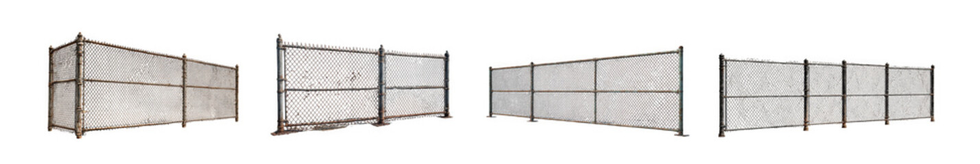 Four variations of a weathered metal fence gate showcasing differing levels of rust and damage on transparent background