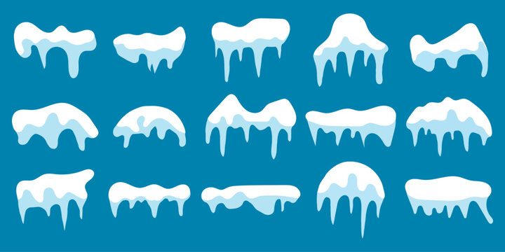 Cartoon Snow Caps and Icicles Icon Set for Winter Design, Frozen Decorations, Holiday Themes, Weather Graphics, and Icy Game Illustrations.