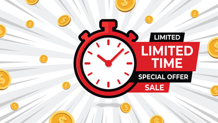 Limited time special offer sale banner, stopwatch countdown concept, money coin background, urgent ecommerce promotion vector illustration