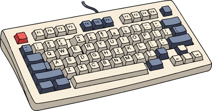 Stylized illustration of a retro computer keyboard with a red key and blue keys