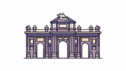 Stylized drawing of a grand, multi-arched stone gateway with ornate details and a central peaked roof © Mera