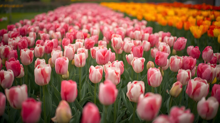 A vibrant display of pink and orange tulips in full bloom