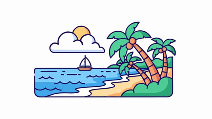 Sunny beach with palm trees, ocean, and a sailboat under a cloudy sky