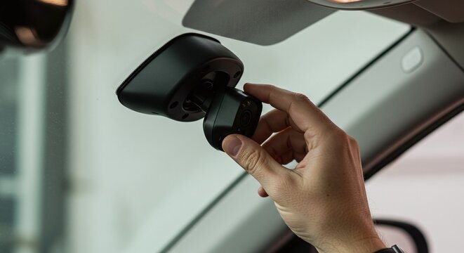 A hand installs a car dashcam near the rearview mirror, highlighting modern automotive technology.Concept of in-car safety and smart technology.