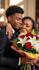 Emotional African American Mother and Son Hugging with Colorful Flower Bouquet in Touching Family Moment at Home. AI Generated