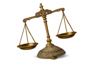 Bronze scales of justice representing law, fairness, and weighing legal judgment, standing on a transparent background
