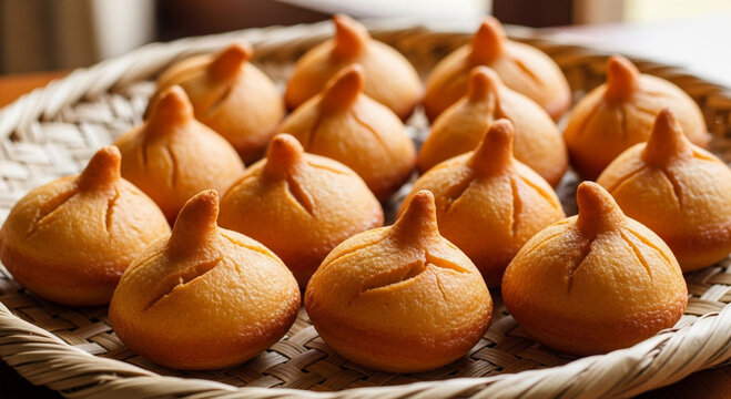 Traditional Indian Sweet Petha or Angoori Petha arranged on a rustic woven bamboo tray, close-up, festive food concept.