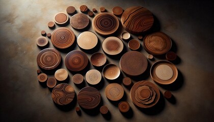 Abstract pattern of wooden circles forming a natural textured background. Ideal for creative design, branding, posters, and modern visual layouts.